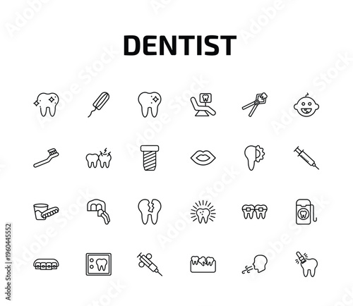 dentist outline icon set. 24 linear vector for ui, web and mobile. thin line shiny tooth, tampon, dentist and more icons.