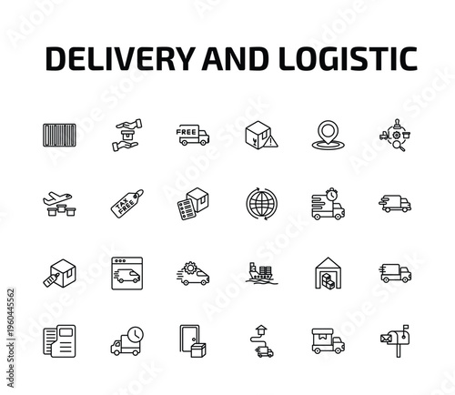 delivery and logistic outline icon set. 24 linear vector for ui, web and mobile. thin line barcode, delivery safety, free delivery and more icons.