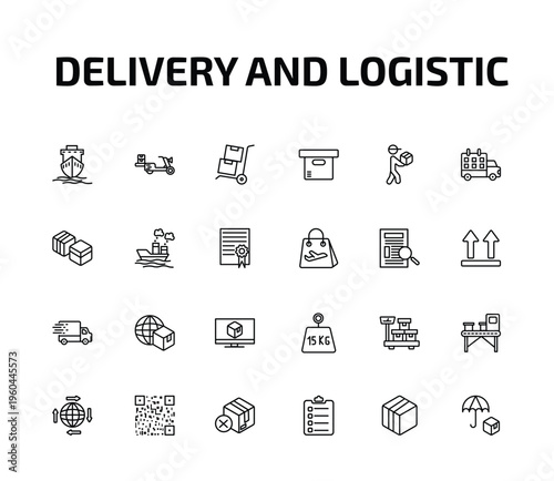 delivery and logistic outline icon set. 24 linear vector for ui, web and mobile. thin line ship by sea, scooter delivery, freight and more icons.
