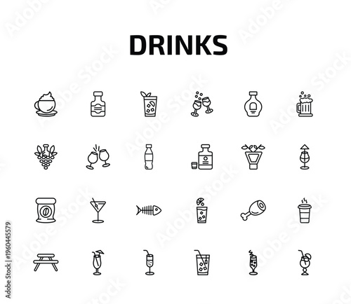 drinks outline icon set. 24 linear vector for ui, web and mobile. thin line cappuccino, whiskey, cuba libre and more icons.