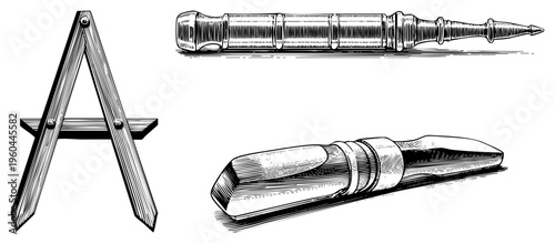 Classic drafting compass, ornate drafting instrument, engineer’s precision tool, technical drawing set, vintage illustration tools, antique drafting equipment, hand drawn vector set.