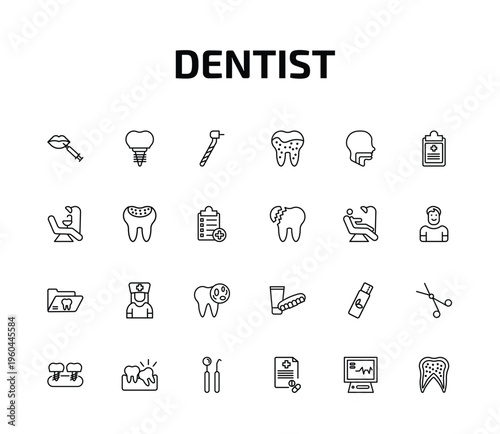 dentist outline icon set. 24 linear vector for ui, web and mobile. thin line filler, dental prosthesis, dentists drill tool and more icons.