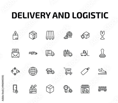 delivery and logistic outline icon set. 24 linear vector for ui, web and mobile. thin line unpacking, parcel, pallet and more icons.