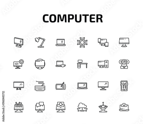 computer outline icon set. 24 linear vector for ui, web and mobile. thin line 3d screen, study lamp, open laptop on and more icons.