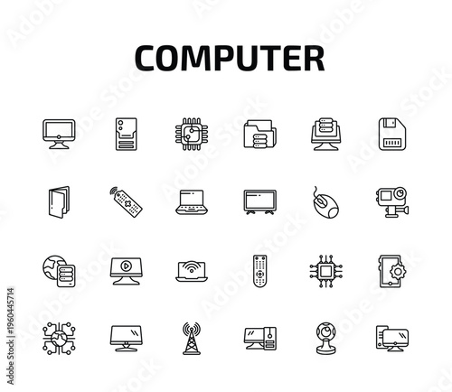 computer outline icon set. 24 linear vector for ui, web and mobile. thin line full computer, pc tower, square chip and more icons.