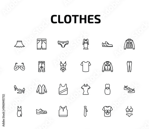 clothes outline icon set. 24 linear vector for ui, web and mobile. thin line circle skirt, chino shorts, panties and more icons.
