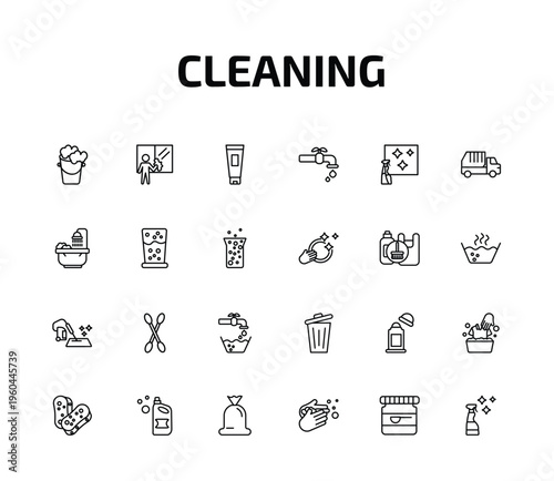 cleaning outline icon set. 24 linear vector for ui, web and mobile. thin line bucket cleanin, window cleaner, cream and more icons.