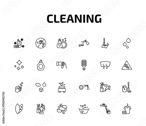 cleaning outline icon set. 24 linear vector for ui, web and mobile. thin line softener, no water cleanin, dishwashing detergent and more icons.