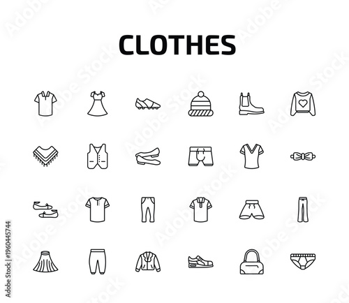 clothes outline icon set. 24 linear vector for ui, web and mobile. thin line cotton polo shirt, chiffon dress, soccer shoe and more icons.