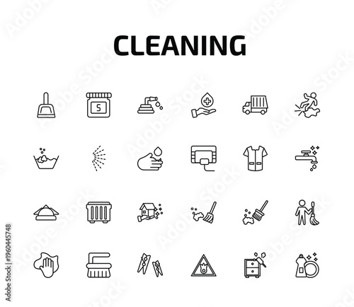 cleaning outline icon set. 24 linear vector for ui, web and mobile. thin line dust pan, solvent, garden hose and more icons.