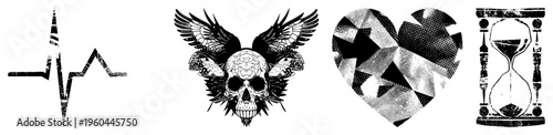 Tattoo style skull adorned with wings, brain motif, and spiky foliage, gothic art, vector graphic, black and white illustration.