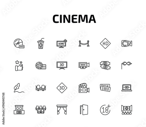 cinema outline icon set. 24 linear vector for ui, web and mobile. thin line dvd, papper cup with straw, 1080p hd tv and more icons.