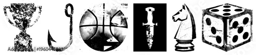 Classic vector with halftone textures trophy, fishing hook, basketball, dagger, chess knight, dice, gritty, retro aesthetic, isolated elements.