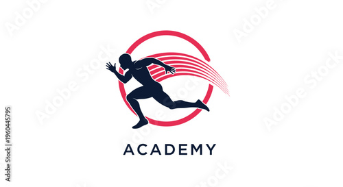 Dynamic Runner Silhouette with Abstract Red Swirl Logo.