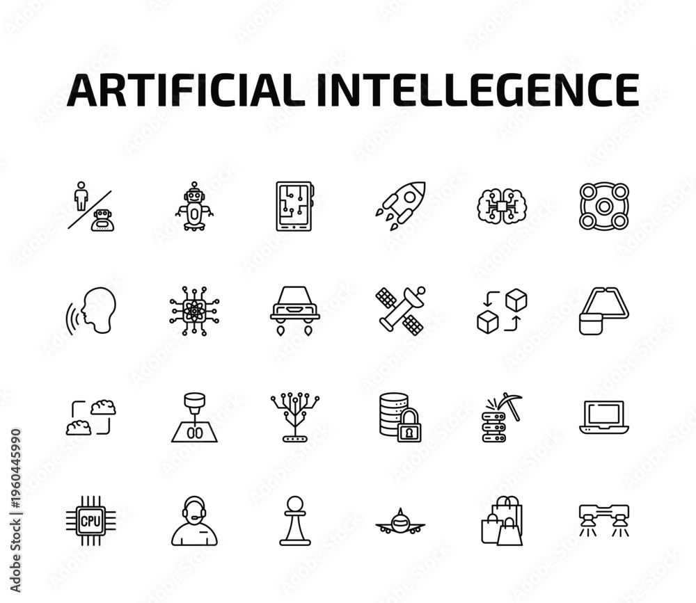 Fototapeta premium artificial intellegence outline icon set. 24 linear vector for ui, web and mobile. thin line robots and humans, robot assistant, mobile flexible display and more icons.