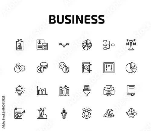 business outline icon set. 24 linear vector for ui, web and mobile. thin line identity card, accounting, two way arrows and more icons.