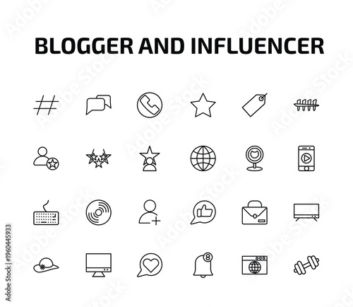 blogger and influencer outline icon set. 24 linear vector for ui, web and mobile. thin line hashtag, conversation, phone and more icons.