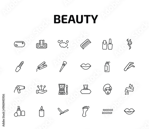 beauty outline icon set. 24 linear vector for ui, web and mobile. thin line little makeup box, wet wipes, foam and more icons.