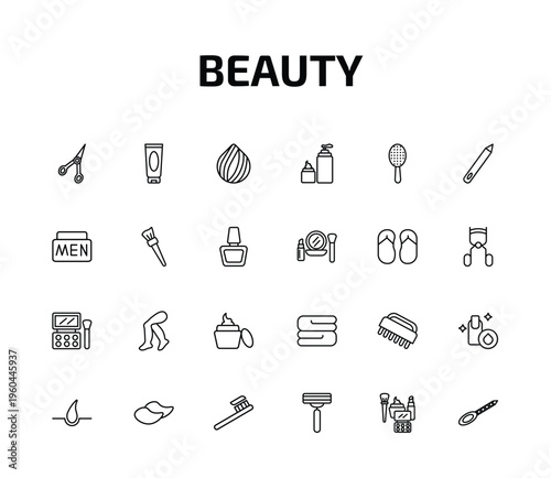 beauty outline icon set. 24 linear vector for ui, web and mobile. thin line manicure scissors, cream tube, hair sample and more icons.