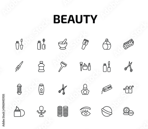 beauty outline icon set. 24 linear vector for ui, web and mobile. thin line liquid lipstick, mascara, mortar bowl and more icons.