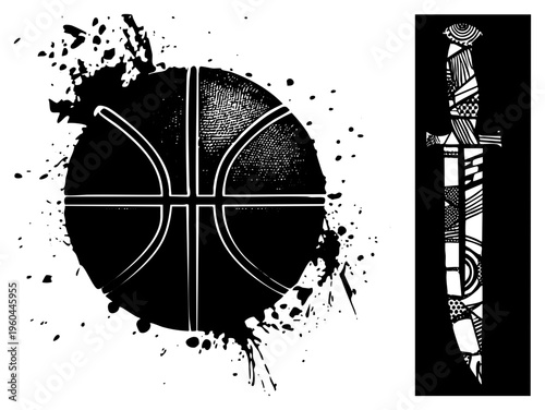 Basketball graphic with halftone texture and ink splatter, paired with ornate dagger in geometric, bold black and white vector art, isolated sports and weapon motifs.