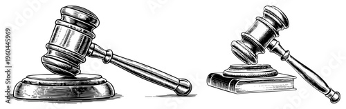 Legal gavel symbols, courtroom percussion, judicial hammer, law enforcement tools, justice, black and white vector illustration.