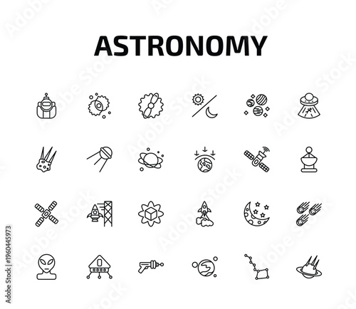 astronomy outline icon set. 24 linear vector for ui, web and mobile. thin line astronaut ingravity, nebula, gamma ray and more icons.
