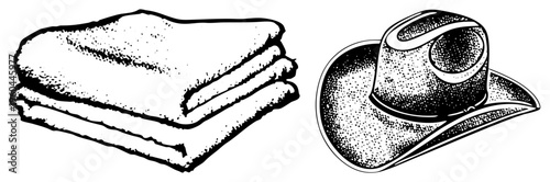 Stack of folded towels and classic cowboy hat rendered in halftone dotwork style, vector graphic, rustic western motif, isolated foreground elements.