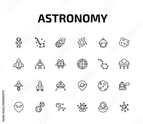 astronomy outline icon set. 24 linear vector for ui, web and mobile. thin line spaceman, ursa major, meteorite falling and more icons.