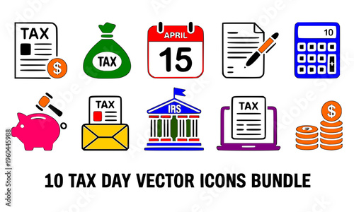 10 tax day vector icons bundle featuring calculator, calendar, money bag, piggy bank, and bank — colorful flat finance and accounting symbol set for tax filing design concepts