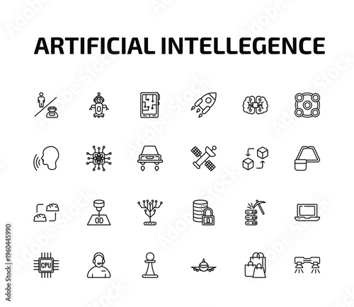 artificial intellegence outline icon set. 24 linear vector for ui, web and mobile. thin line robots and humans, robot assistant, mobile flexible display and more icons.