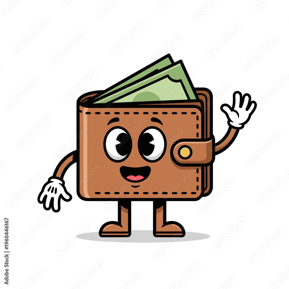 Naklejka premium Cartoon wallet with money inside smiling.