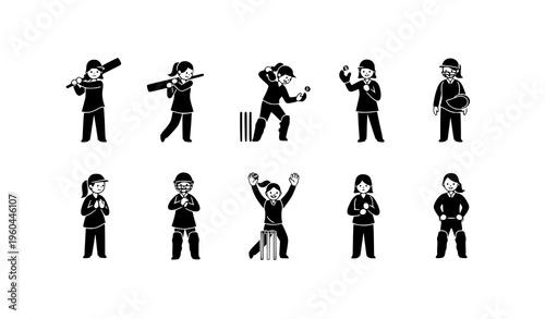 Female cricket player icon set with simple flat silhouettes of women athletes in minimal sport poses vector
