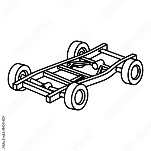 Car chassis with wheels attached.