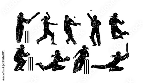 Dynamic women cricket silhouettes with action poses batting bowling and fielding energetic sport vector set