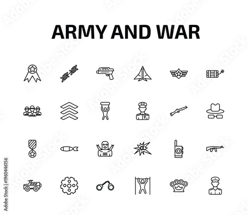 army and war outline icon set. 24 linear vector for ui, web and mobile. thin line medal, barbed wire, grenade launcher and more icons.