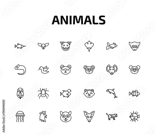 animals outline icon set. 24 linear vector for ui, web and mobile. thin line swordfish, fennec fox, boar and more icons.