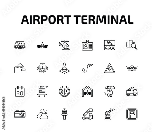 airport terminal outline icon set. 24 linear vector for ui, web and mobile. thin line taxi, plane front view, helicopter flying and more icons.