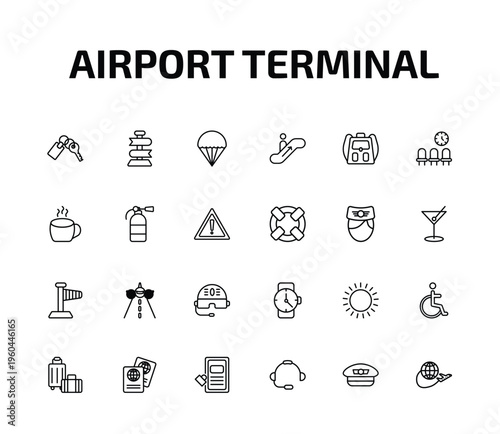 airport terminal outline icon set. 24 linear vector for ui, web and mobile. thin line key with key chain, direction post, parachute open and more icons.