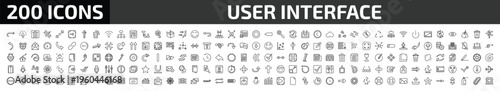 user interface outline icon set. 200 linear vector for ui, web and mobile. thin line rotate arrow, mouse clicker, delete bin and more icons.