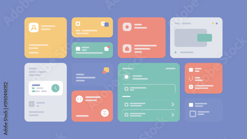 A collection of colorful app interface elements on a purple background