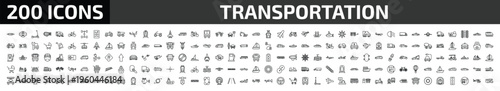 transportation outline icon set. 200 linear vector for ui, web and mobile. thin line kayak, tram stop label, kick scooter and more icons.