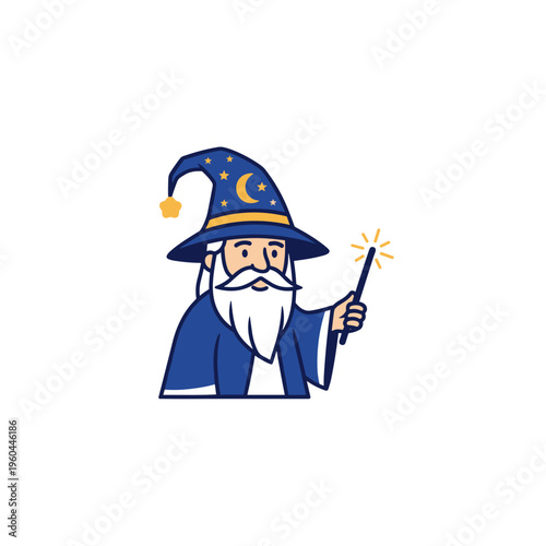 Cartoon wizard with magic stick.