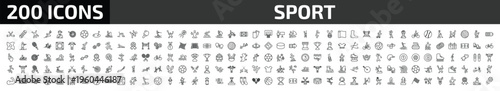 sport outline icon set. 200 linear vector for ui, web and mobile. thin line hockey, snowboard, cartwheel and more icons.