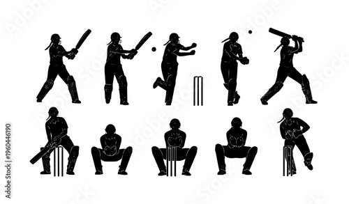 Young women cricket player silhouettes set with batting bowling fielding and wicket keeper poses sport vector