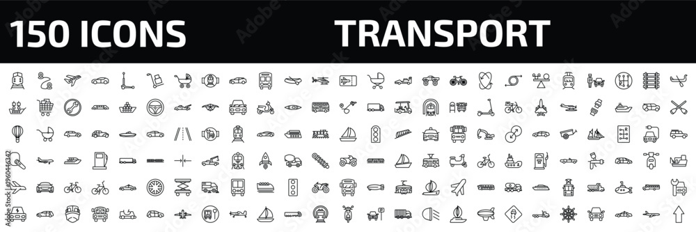 Fototapeta premium transport outline icon set. 150 linear vector for ui, web and mobile. thin line diesel train, way, air transport and more icons.