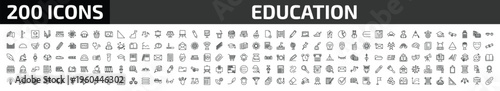 education outline icon set. 200 linear vector for ui, web and mobile. thin line write by hand, flag point, educational video and more icons.