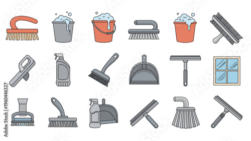 Extensive set of cleaning tool icons featuring brushes, buckets with suds, spray bottles, dustpans, squeegees, and a window.
