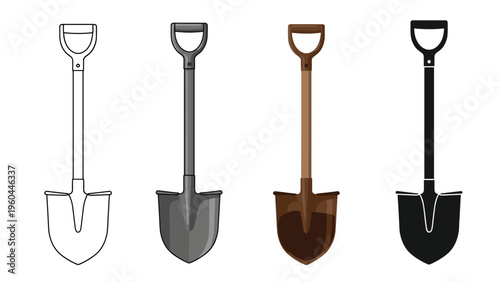 Four different styles of a garden shovel tool shown in simple line art, grayscale, natural wood and metal colors, and solid black.