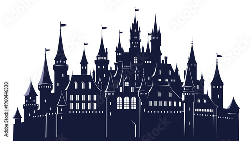 Dark silhouette of a majestic fairytale castle with numerous pointed towers and flags standing against a plain white background.
